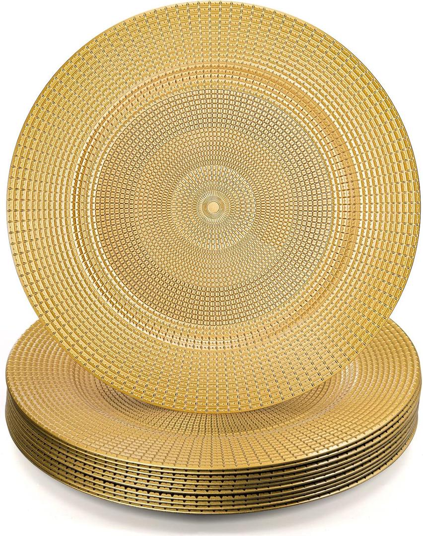 Hiceeden 12 Pack Gold Charger Plates for Dinner Plates, 13" Round Plastic Chain Shaped Charger Service Plates, Decorative Chargers Bulk for Table Setting, Wedding, Party, Event