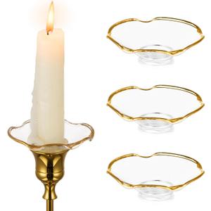 Hewory Glass Bobeches for Candlestick Holders, 3 PCS Candle Drip Protector Rings for Taper, Candle Drip Catcher for Candle Stick Candle Holder for Wedding Party Church Home (Scallop, Gold Rim)