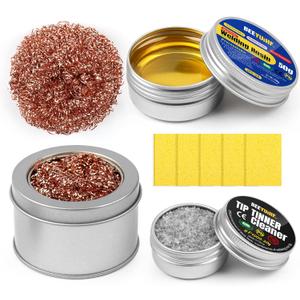 Soldering Tip Cleaning Kit Rosin Paste Flux and Soldering Tip Cleaner and 2 Pcs Brass Cleaning Wire and 1 Pcs Holder and 5Pieces Sponge for Cleaning Solder Iron and Tips