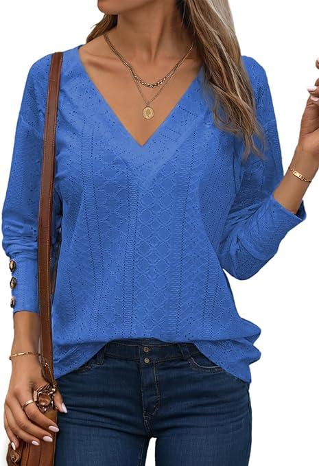 Dokotoo Womens Tops V-Neck Long Sleeve Shirts Tops Dressy Casual Blouses Fall Outfits Clothes 2024, Blue, L
