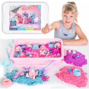 Kipipol Unicorn Sensory Bin for Toddlers 3-4, 5-7 Magic Sand Art Kit w Sandbox, 2.4 LB of Sensory Sand, 10 Sand Toys, 4 Unicorn Toys for Girls Age 4-6, 6-8 Christmas & Birthday Gifts for Girls