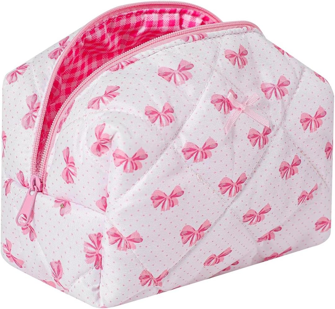 Cute Small Floral Cotton Makeup Bag, Quilted Zipper Pouch with Coquette Bear for Women and Girls, Kawaii Travel Cosmetic Bags for Purse(12White-pink bow)