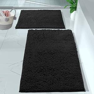LuxUrux 2 Piece Bathroom Rug Set - Premium Plush Bath Mat Shower Rugs, 1" Chenille Microfiber, Non-Slip & Absorbent, Soft & Cozy, Durable Stylish (20x60 & 16x24 inches, Black)