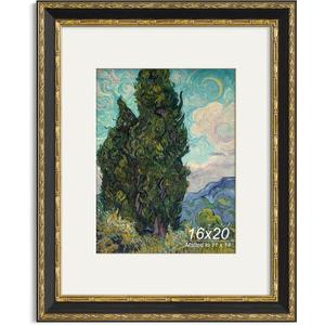 Yaetm 16x20 Vintage Picture Frame, Ornate Antique Gold 16x20 Frame for Wall, White Mat for 11x14 Photos, 1.4-inch Wide Molding - Portrait or Landscape - Wall Mount for Home (Black/Gold, Single)