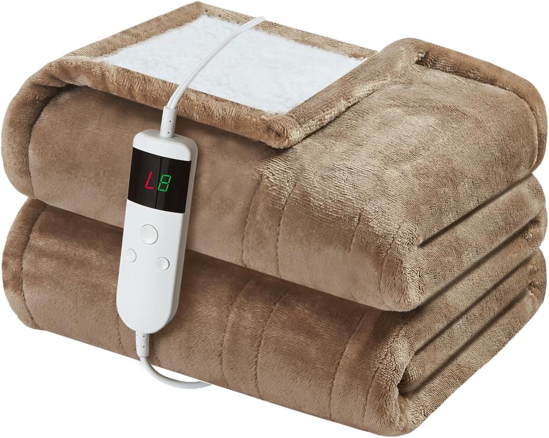 Electric Heated Blanket Throw Size 50''x60'' Soft Flannel & Sherpa Electric Blanket with 10 Heating Levels, Automatically Shut Down After 8h with Overheat Protection Machine Washable (Camel)