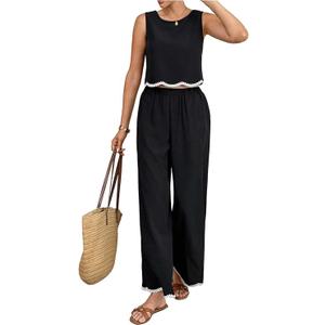 SOLY HUX Women's 2 Piece Outfits Sleeveless Crop Top and Wide Leg Pants Vacation Set Summer Clothes Pure Black Large