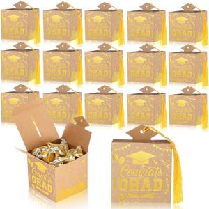 Tenceur 30 Pcs Graduation Cap Gift Box 2026 Graduation Party Cardboard Favors Candy Treat Box Grad Centerpieces with Tassel for High School College Congrats Party Decoration(Brown and Gold)