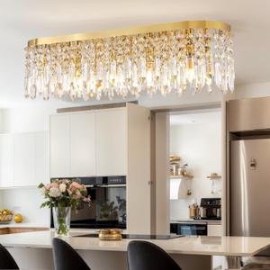 Siljoy 10-Light Modern Crystal Chandelier, Luxury Gold Oval K9 Crystal Raindrop Chandelier, Dimmable Flush Mount Crystal Ceiling Light for Living Dining Room Kitchen Island, L40'' x W11'' x H11''