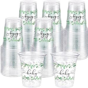 60 Pack Sage Eucalyptus Baby Shower Plastic Cups 12 oz Sage Greenery Disposable Clear Plastic Cups for Baby Shower Birthday Boho Greenly Party Decorations Supplies
