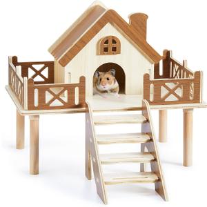 Wooden Hamster Platform and Dwarf Hamster House, Hamster Cage Platform With Climbing Ladder, Cute Syrian Hamster Hideout, Hamster Cage Accessories Platform for Putting Food Bowl, Hamster Gerbil Castle