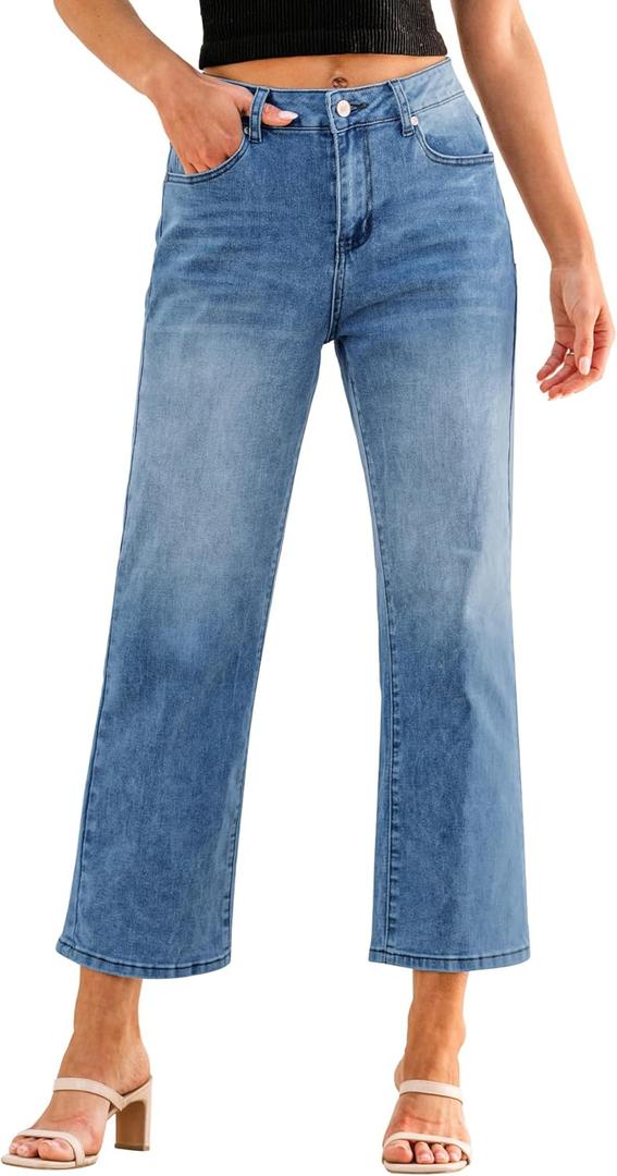 GRAPENT Jeans for Women Trendy High Waisted Loose Straight Leg Stretchy Denim Ankle Pants Cropped Jeans with Pockets (Blue), 12