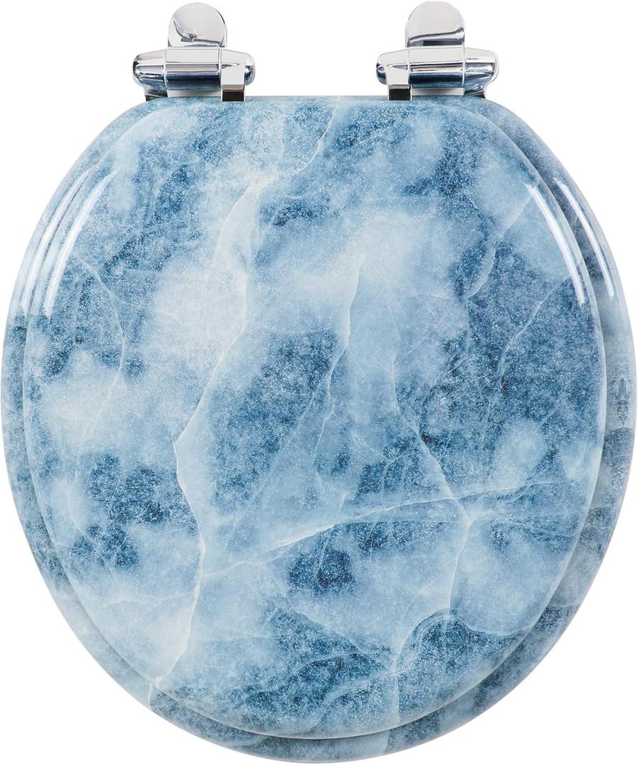 Angol Shiold Round Toilet Seat Molded Wood Toilet Seat with Quietly Close and Quick Release Hinges, Easy to Install also Easy to Clean (Round, Blue Marble) (Round-16.5)