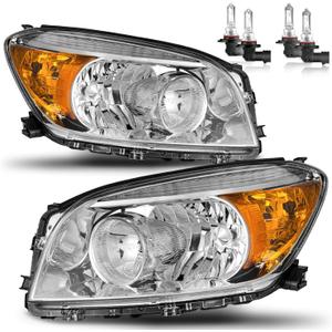 Headlights for 2006 2007 2008 Toyota RAV4 | Halogen Headlamp Replacement with High Low Beam Bulbs, Chrome Housing Amber Reflector, Driver & Passenger Side