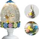 Easter Bunny Snow Globe for Easter Decorations, Easter Bunny Cradling a Chick Design with Lighting Functions USB or Battery Operated
