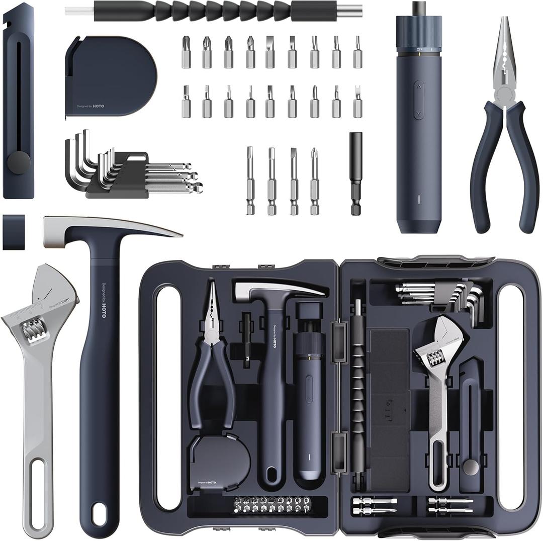 HOTO 40-Piece Tool Kit, Household Essentials Tool Set w/Smart Electric Screwdriver (LED, 3 Torque) + 14 Tools & 26 Accessories | Pro-Grade Compact Organizer for Home, Dorm Repairs, DIY (Black)
