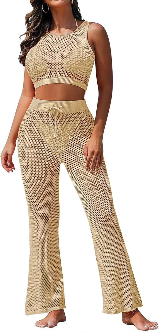 Pink Queen Women's Swimsuit Cover Up Set 2 Pieces Crochet Sleeveless Crop Top Wide Leg Long Pants Beach Coverups (Medium, Apricot)