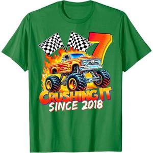 Monster Truck Birthday 7 Year Old Born 2018 7th Party Boys T-Shirt, L, Green
