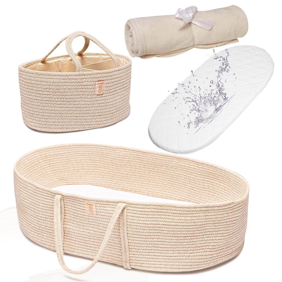 Trendy Baby Changing Basket- Unisex Baby Moses Basket Set of 4 Pieces, Waterproof Pad Cover, Caddy Diaper Organizer, Cotton Blanket - Boho Basket - Nursery Decor - Bassinet Changing Table Topper