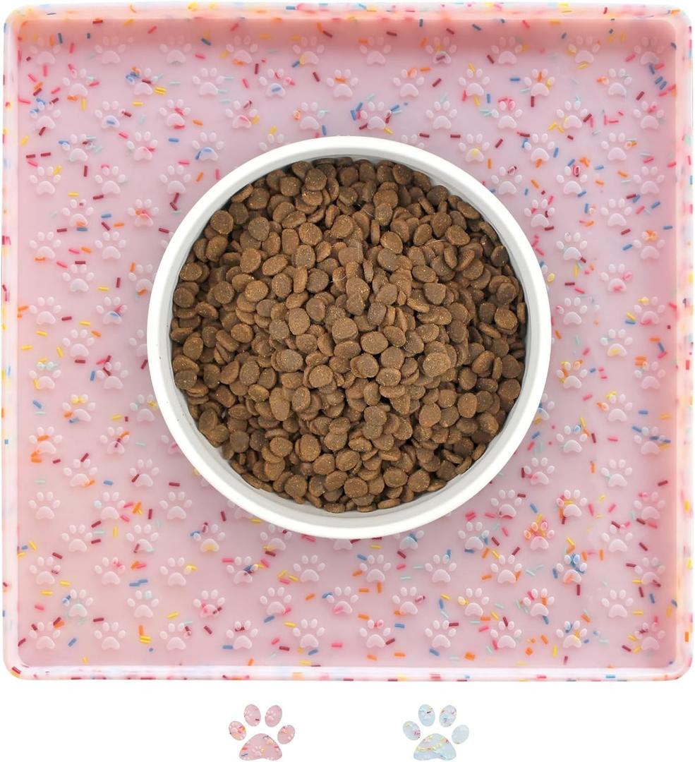 Ptlom Dog Food Mat Anti-Slip Dog Bowl Mats for Food and Water, Waterproof Pet Placemat Prevents Messy Spill to Floor, Silicone Puppy Feeding Tray for Small, Medium and Large Dogs Cats, Pink (11.8"L x 11.8"W)