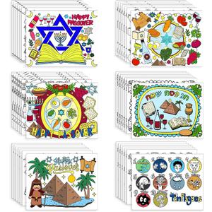 5 x 42 Pcs Passover Coloring Placemats Disposable Table Mats with Pens DIY Passover Coloring Paper Mats Table Passover Decors for Pesach Holiday Passover Theme Dinner Party Supplies