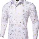 DiBanGu Christmas Shirts for Men Holiday Button Down Snowflake Dress Shirts Xmas Festival Long Sleeve Shirt for Vacation (3X-Large, White Gold)