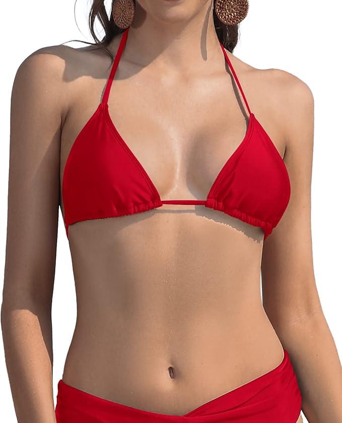 Women's Triangle Bikini Top String Halter Bathing Suit Top, Red, Small
