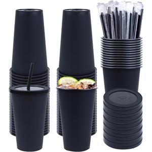 50 Pack Black Plastic Cups with Lids and Straws, 16 oz Disposable Plastic Tumblers Iced Coffee Cups Travel Mug Cup for Juices Halloween Birthday Bachelorette Party Wedding (Black, 16 oz)