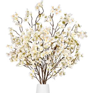 Waipfaru 4 Pcs Cherry Blossom Branches, 40'' Faux Cherry Blossom Tree Stems Decor, Long Stem Artificial Flowers for Tall Vase, Fake Flowers for Spring Home Indoor Outdoor Decoration (White) (White-4 Pcs)