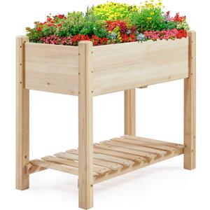 Yaheetech 34x18x30in Raised Garden Bed, Planter Box with Legs & Storage Shelf, Wooden Elevated Vegetable Growing Bed for Backyard, Patio, Balcony