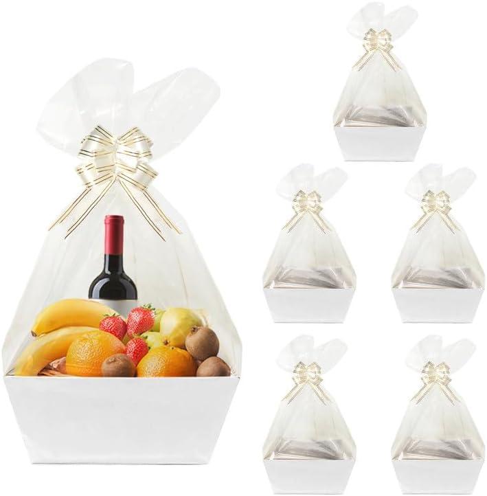 Worown 6 Pack White Cardboard Basket for Gifts Empty, 8 x 10 Inch Kraft Basket Kit with Bags and Pull Bows for Packing Gift on Easter, Christmas, Birthday, Wedding