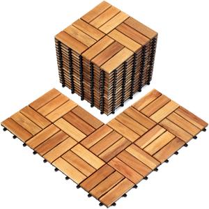Pack of 20 Patio Deck Tiles, Solid Acacia Wood Floor Tiles, Outdoor Interlocking Waterproof All Weather (12"x12" - 12 Slat, Golden Teak)