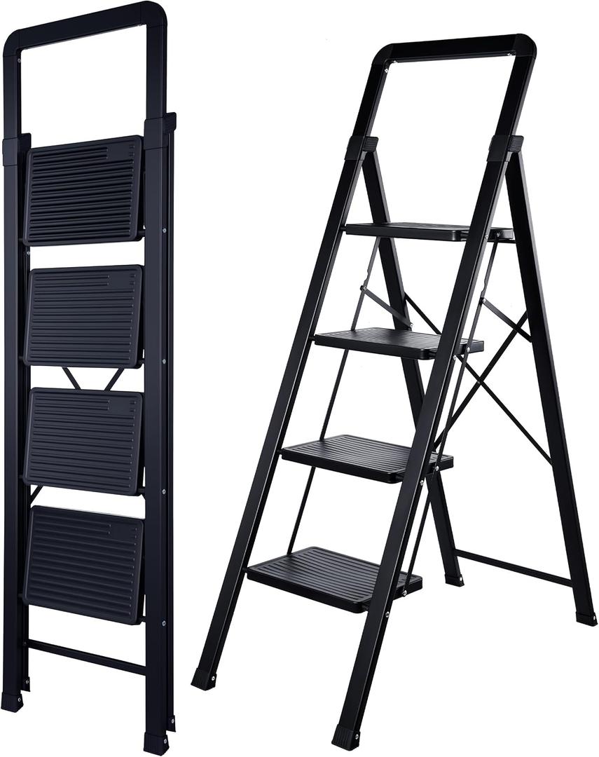 Step Ladder 4-Step Black Finish Iron Folding Ladders
