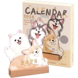 2026 Desk Calendar with Dog & Kitten Themes | Stand-up Wooden Base | Monthly Planner for Office, School, Home | Pet Lovers Gift (Multicolored Dog)