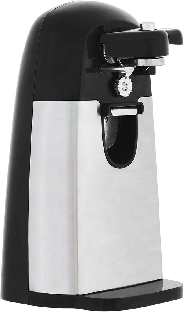 Amazon Basics 3-In-1 Electric Can Opener, Bottle Opener and Knife Sharpener, with Stainless Steel Blade, Magnetic Lid Holder, Automatic, Countertop, 50W, Black