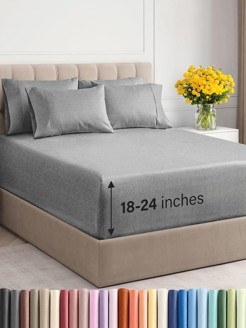 Extra Deep Cal King Sheet Set - 6 Piece Breathable & Cooling Sheets - Hotel Luxury Bed Sheets Set - Easy Fit - Soft, Wrinkle Free & Comfy Sheets Set - Heathered Grey Sheet Set w/Extra Deep Pockets