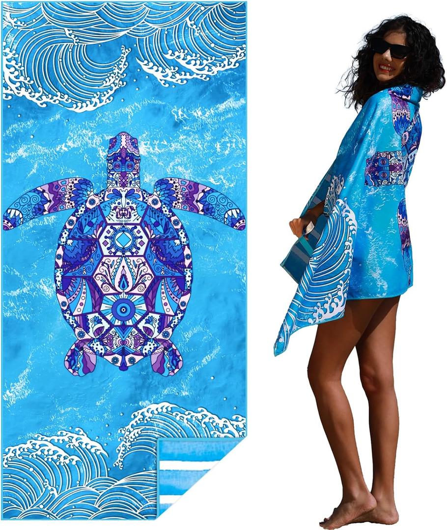 Microfiber Thin Lightweight Beach Towel Sand Free Quick Dry Absorbent Compact Towels for Swimming Pool Camping Beach Accessories Large Easy Pack Travel Things for Vacation Essentials Adult Gift (32x71 inch, Turtle Waves)