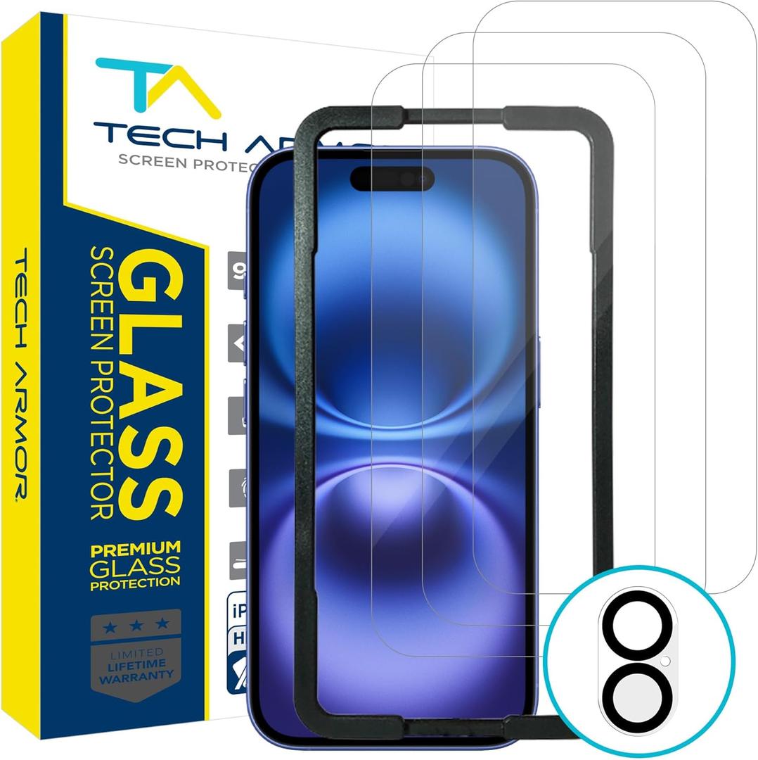 Tech Armor for iPhone 16 Screen Protector Glass 6.1 inch - Ballistic Tempered, Case Friendly, Sensor Protection, HD, 9H Hardness, 3 Pack + Bonus Camera Lens Protector