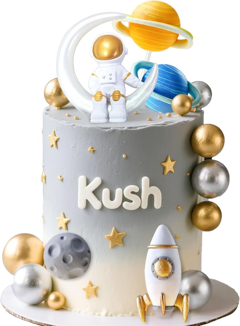 LaVenty Outer Space Cake Toppers Astronaut Rocket Stars Cake Decorations for Two The Moon First Trip Around the Sun Birthday Baby Shower (Golden 2)