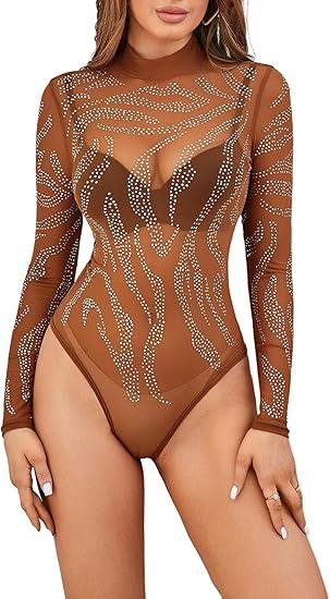 Pasgreson Women's Sheer Mesh Long Sleeve Bodysuit Mock Neck Tops Sexy See Through Sparkle Rhinestone Leotard Bodysuits (Black)