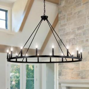 16-Light Black Wagon Wheel Chandelier Large Farmhouse Chandelier, Round Rustic Lighting, Farmhouse Light Fixture