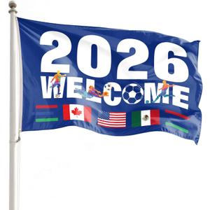 2026 Welcome World Soccer Flag Blue with Country Flag 5x3 Feet (150x90cm) Single Sided with 2 Grommets