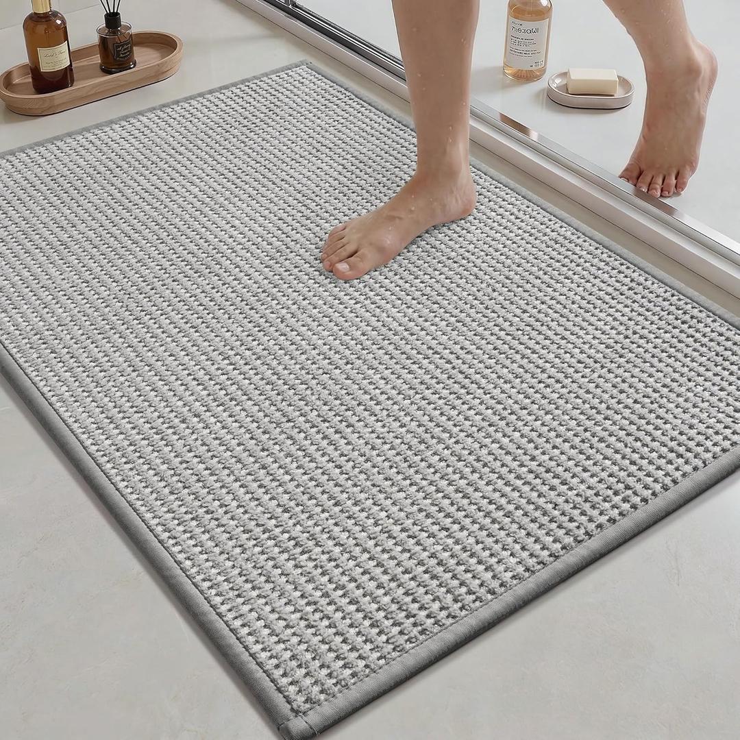 MontVoo Bath Mat,Chenille Absorbent Bathroom Mat Quick Dry Rubber Backed Bathroom Rugs Non Slip Washable Bath Mats,Ultra Thin Bathroom Rugs Fit Under Door,17"x24",Grey