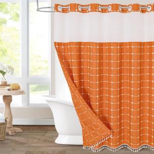 MitoVilla No Hooks Required Orange Shower Curtain with Snap-in Liner - with Window & Magnets, Boho Cotton Linen Fabric Shower Curtains with Tassels for Rustic Bathroom Decor, Burnt Orange, 72 x 74