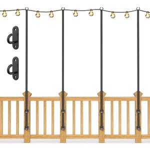 4Pack String Light Poles - Stainless Steel 6.5FT Deck Lights Poles with 4 wall Hooks for Outdoor Light, String Lights, with SS Screws for Wood Posts Deck Decor (Black)