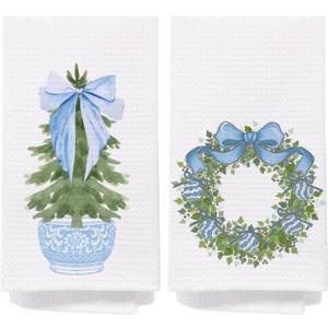 Chinoiserie Christmas Kitchen Towels, Blue Bow Coquette Christmas Tree Dish Towels for Kitchen Bathroom,Light Blue Christmas Hand Towels for Bathroom, Grandmillennial Decor,16x24 Inches Set of 2