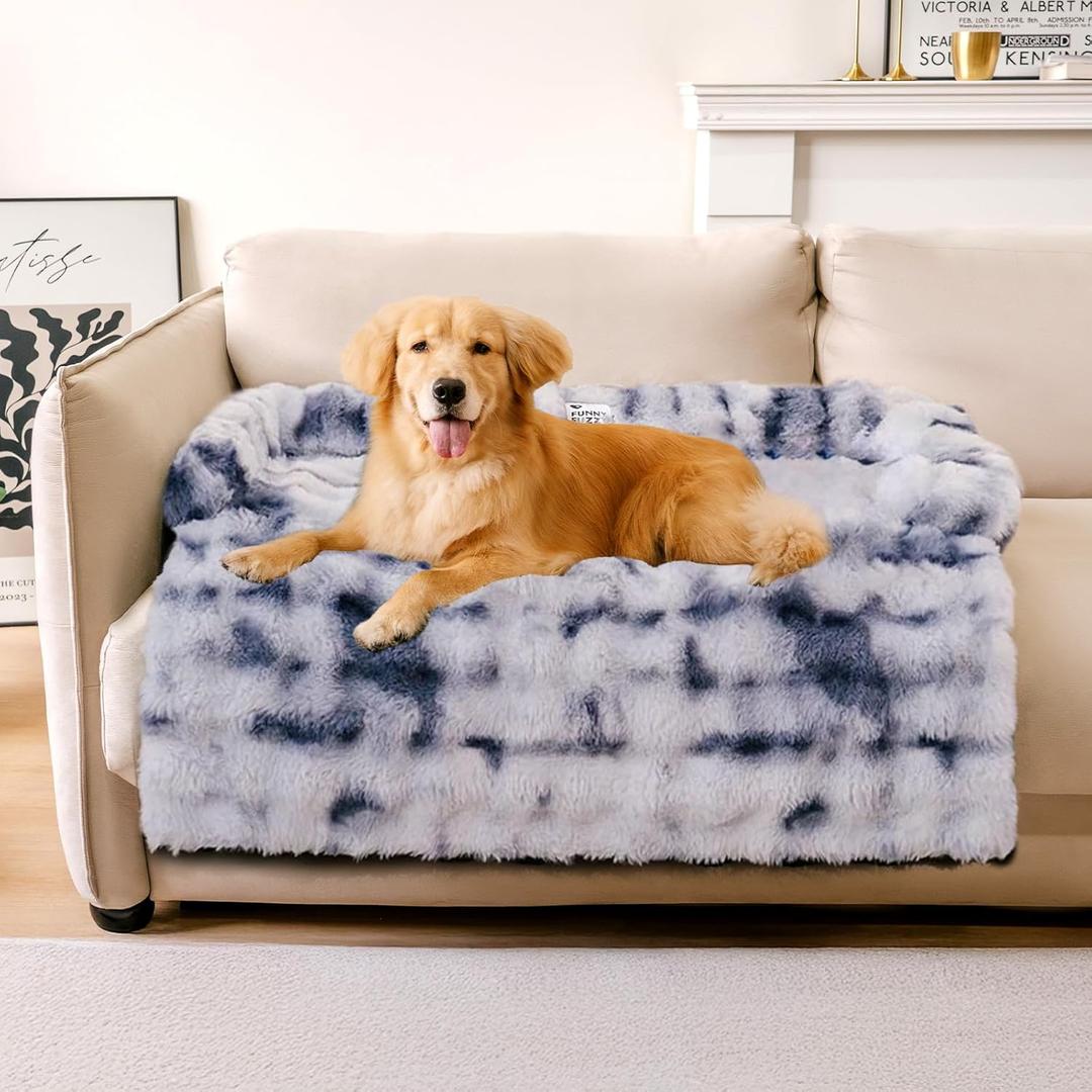 FUNNY FUZZY Pet Fluffy Plush Calming Dog Couch Bed Sofa Protector Washable Pets Mat for Dogs and Cats (Tiedye Blue,47.24 × 37.4 × 6.3 in)