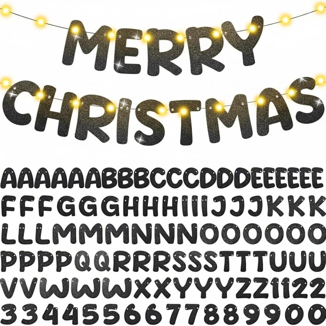 TaoBary 112 Pcs DIY Letter Banner Kit Glitter Customizable Banner Letters Including 107 Letters and Numbers 3 Rope for Valentine Day Wedding Birthday Party Anniversary Personalized Decor (Black)