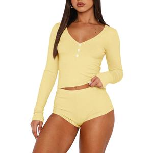 REVETRO Fall Womens 2 Piece Pajama Sets Sexy PJ Shorts Y2k V Neck Long Sleeve Lounge Set Sleepwear with Button Down XS