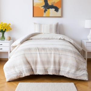 Amazon Basics Comforter Set, 2-Piece Jacquard Microfiber Comforter and Pillow Sham, All-Season Bedding, Twin, Beige Striped