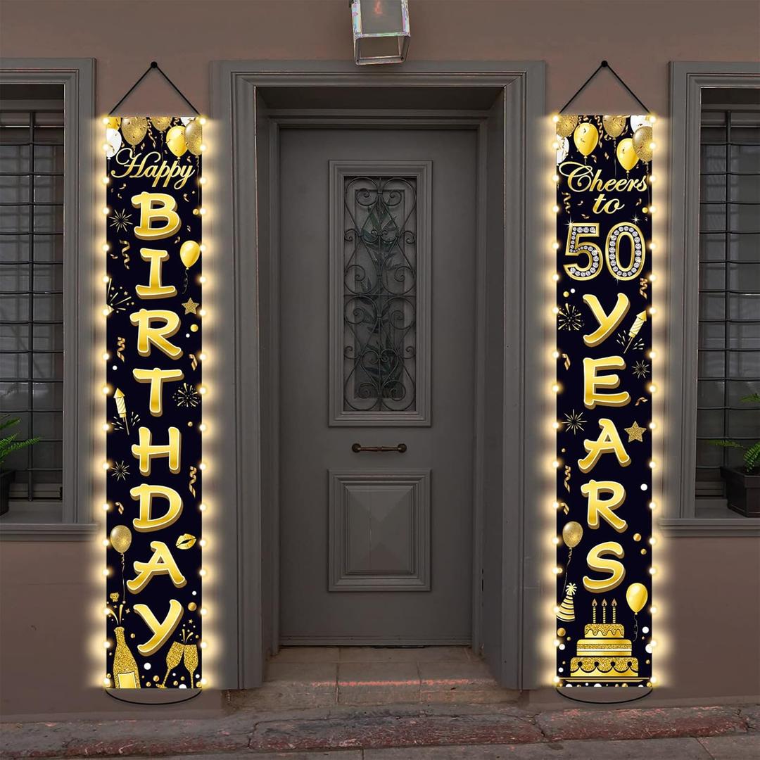 50th Birthday Party Banner Lighted Decorations for Women Men 50 Year Old Lighted Door Banners Black Gold Cheers to 50 Years Birthday Party Supplies Porch Sign with LED Light for Outside Light Decor